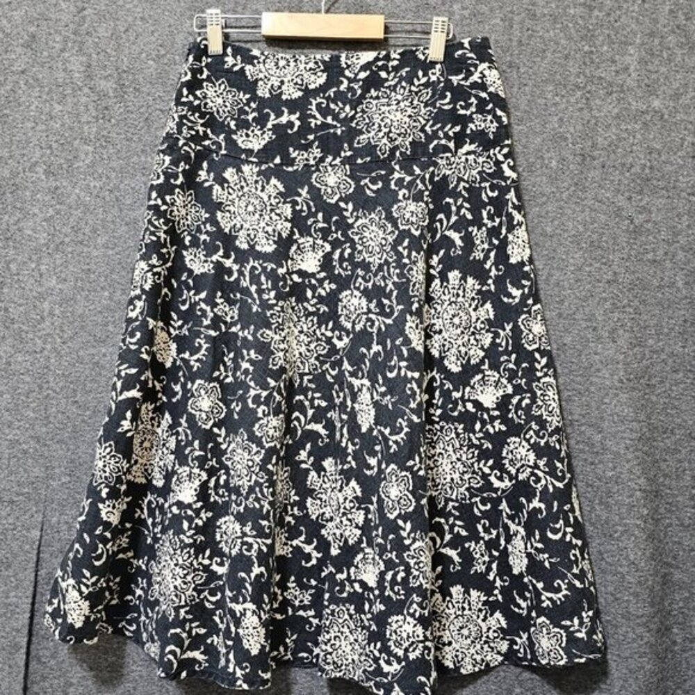 Gap Maxi Skirt Womens Size 0 100%‎ Linen Black White Floral Flare Flowy Side Zip - Picture 5 of 16